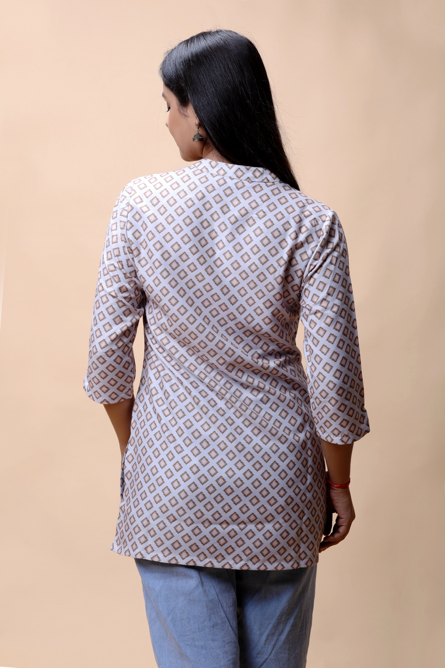 Shop All There Light Brown Printed Short Kurti With Stand Collar For Women