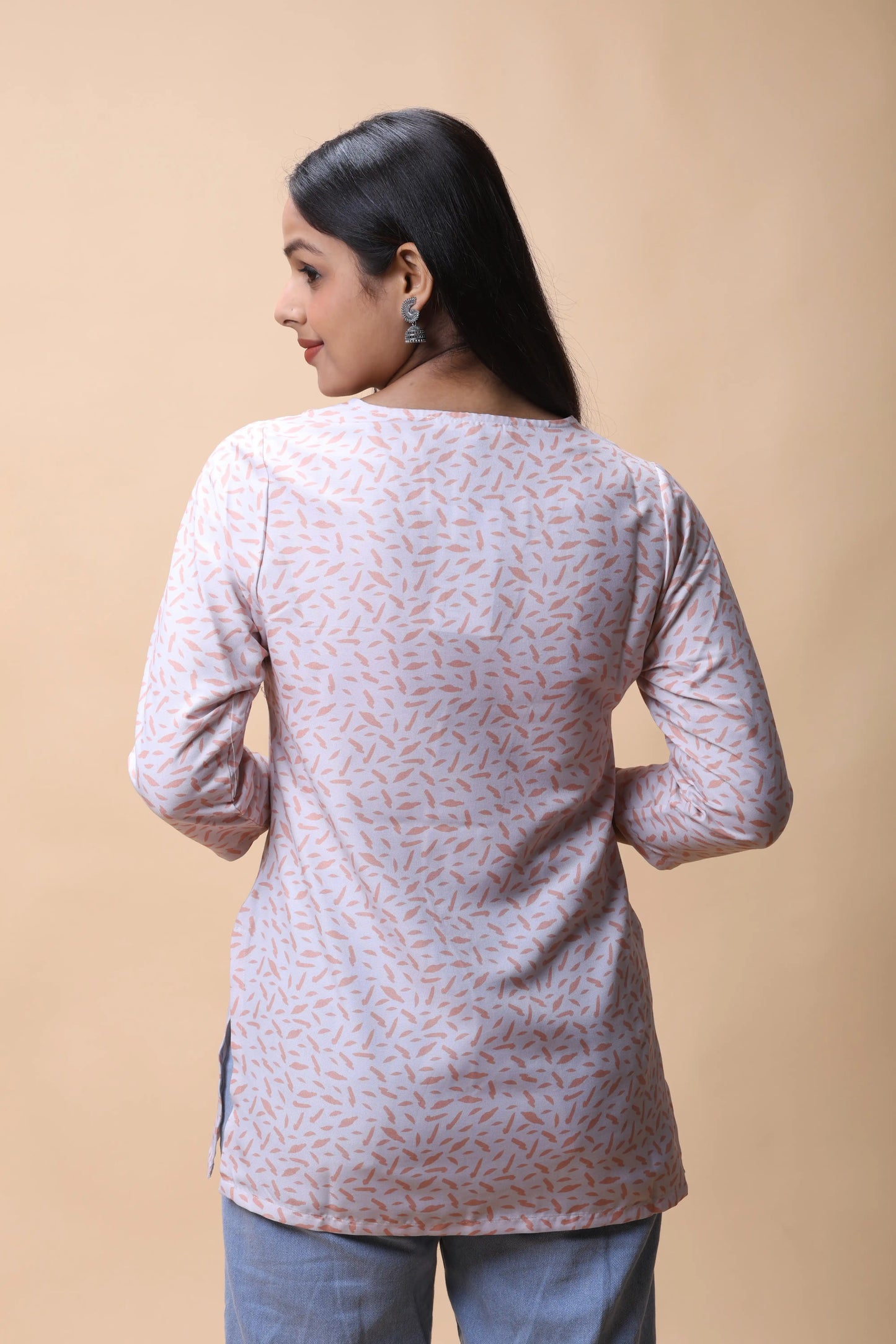 shop Peach Printed Basic Scoop Neck Short Kurti For Women online at allthere.in