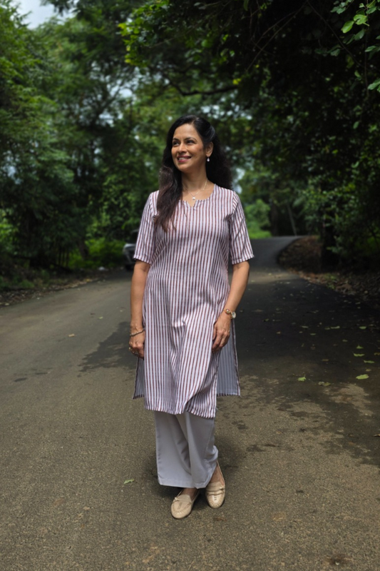 Brown Long Kurta With Notch Neckline And Beige Pants For Women