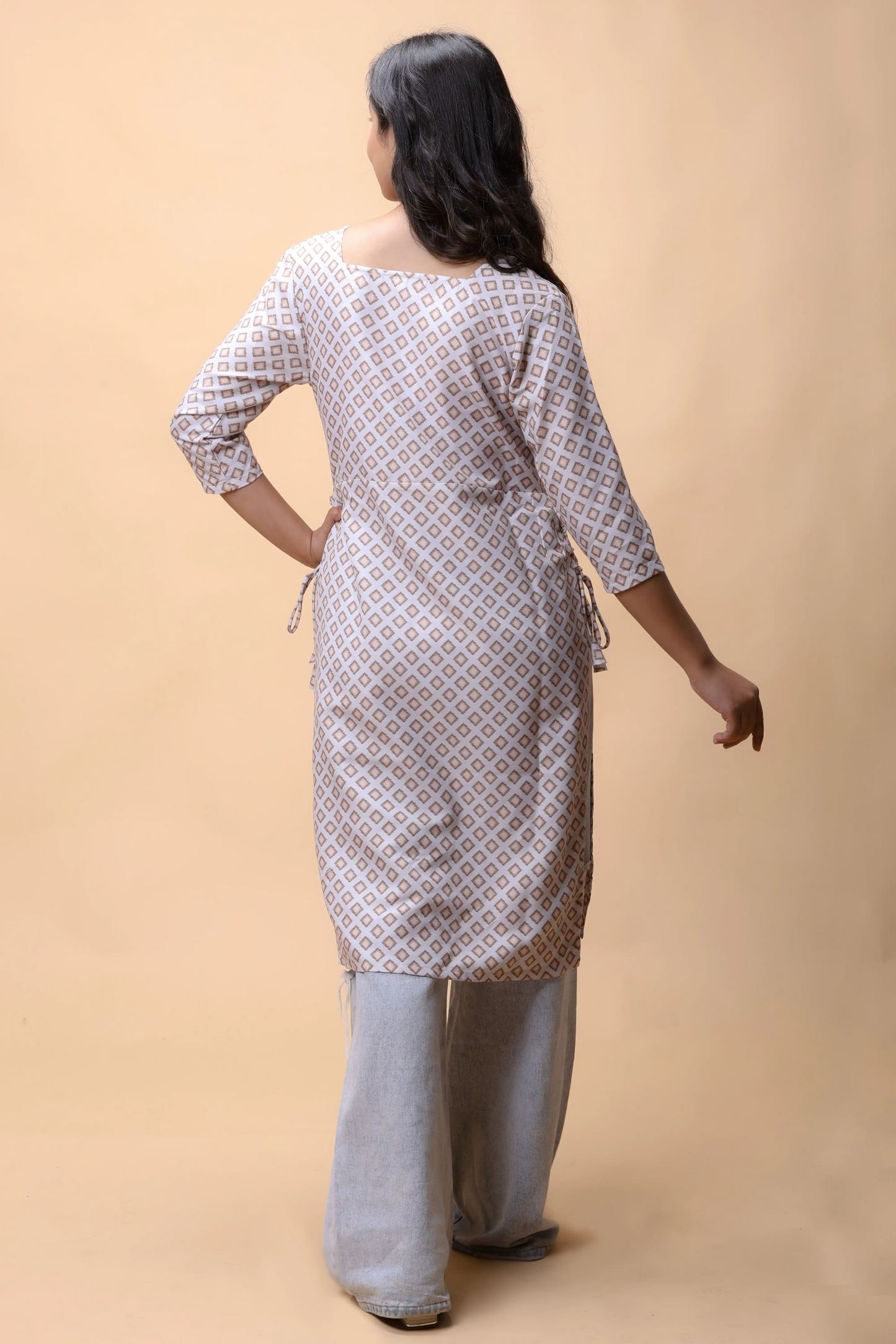 Shop Light Brown Printed Long Kurta With Drawstrings For Women online at allthere.in