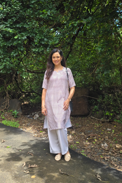 Brown Long Kurta With Notch Neckline And Beige Pants For Women