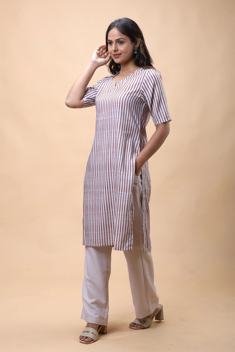 Shop Brown Long Kurta With Notch Neckline And Beige Pants For Women online at allthere.in