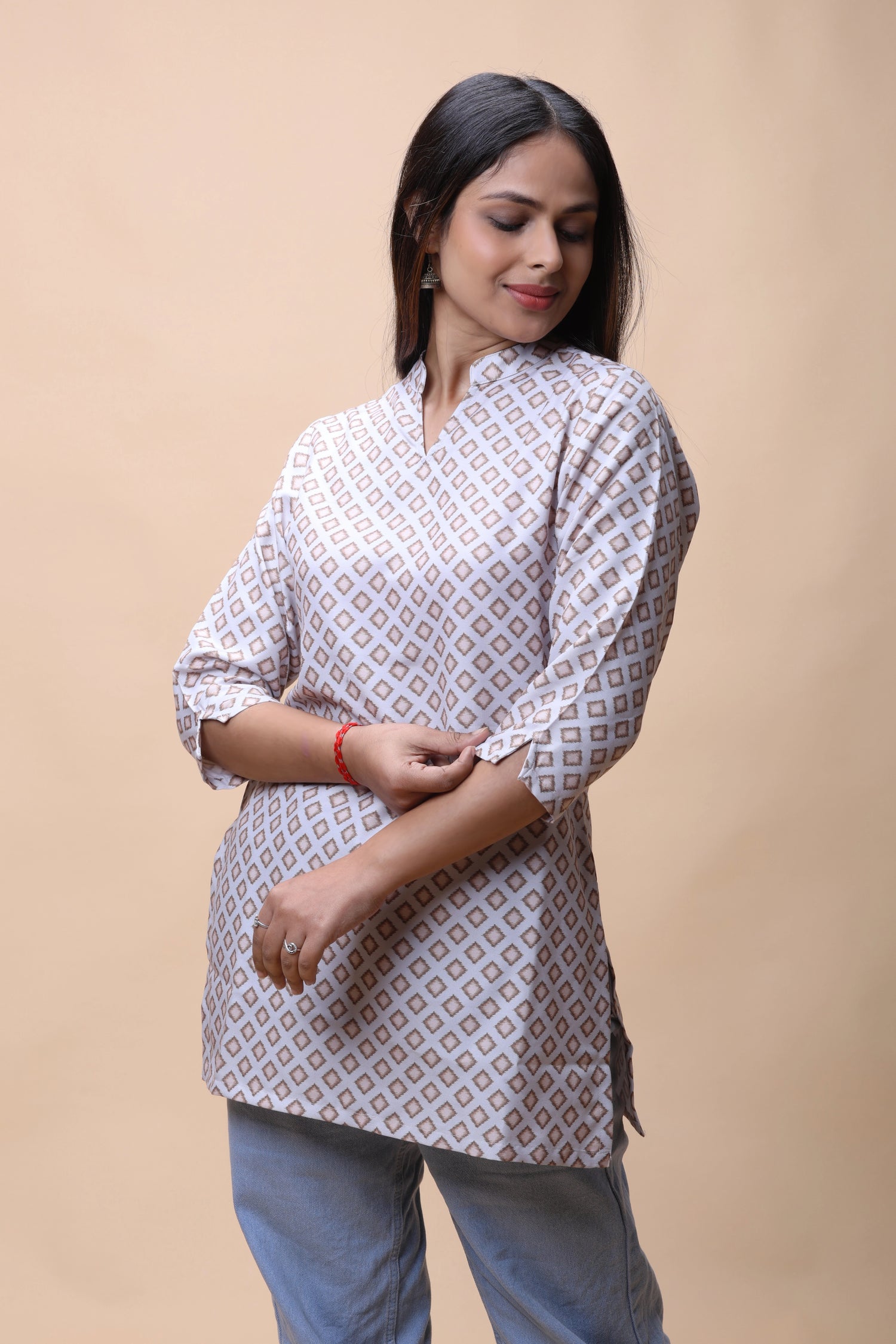 Shop All There Light Brown Printed Short Kurti With Stand Collar For Women