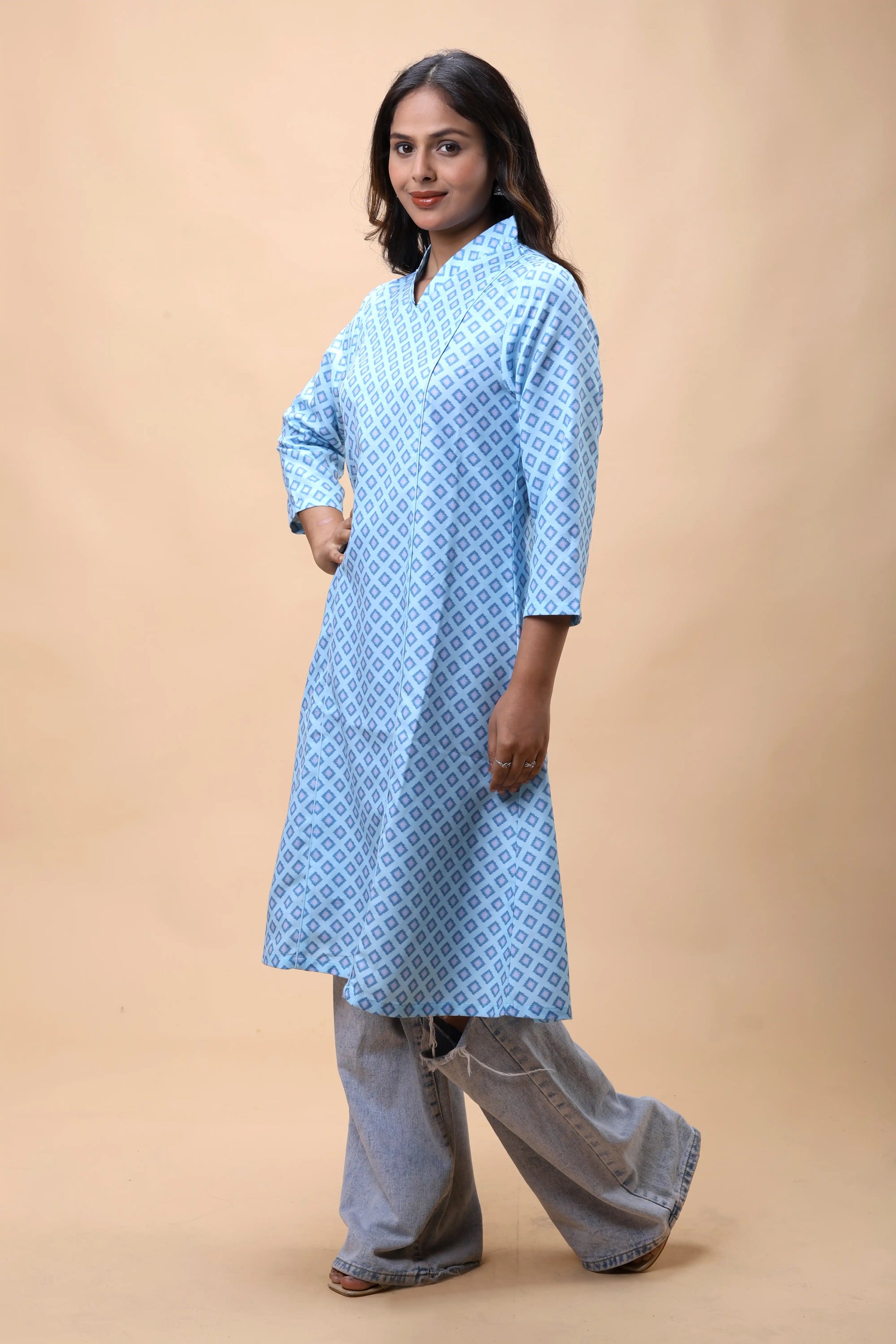 Shop All There Aqua Blue A Line Printed Long Kurta For Women-2