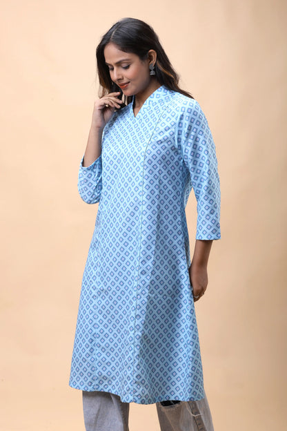 Shop All There Aqua Blue A Line Printed Long Kurta For Women-3