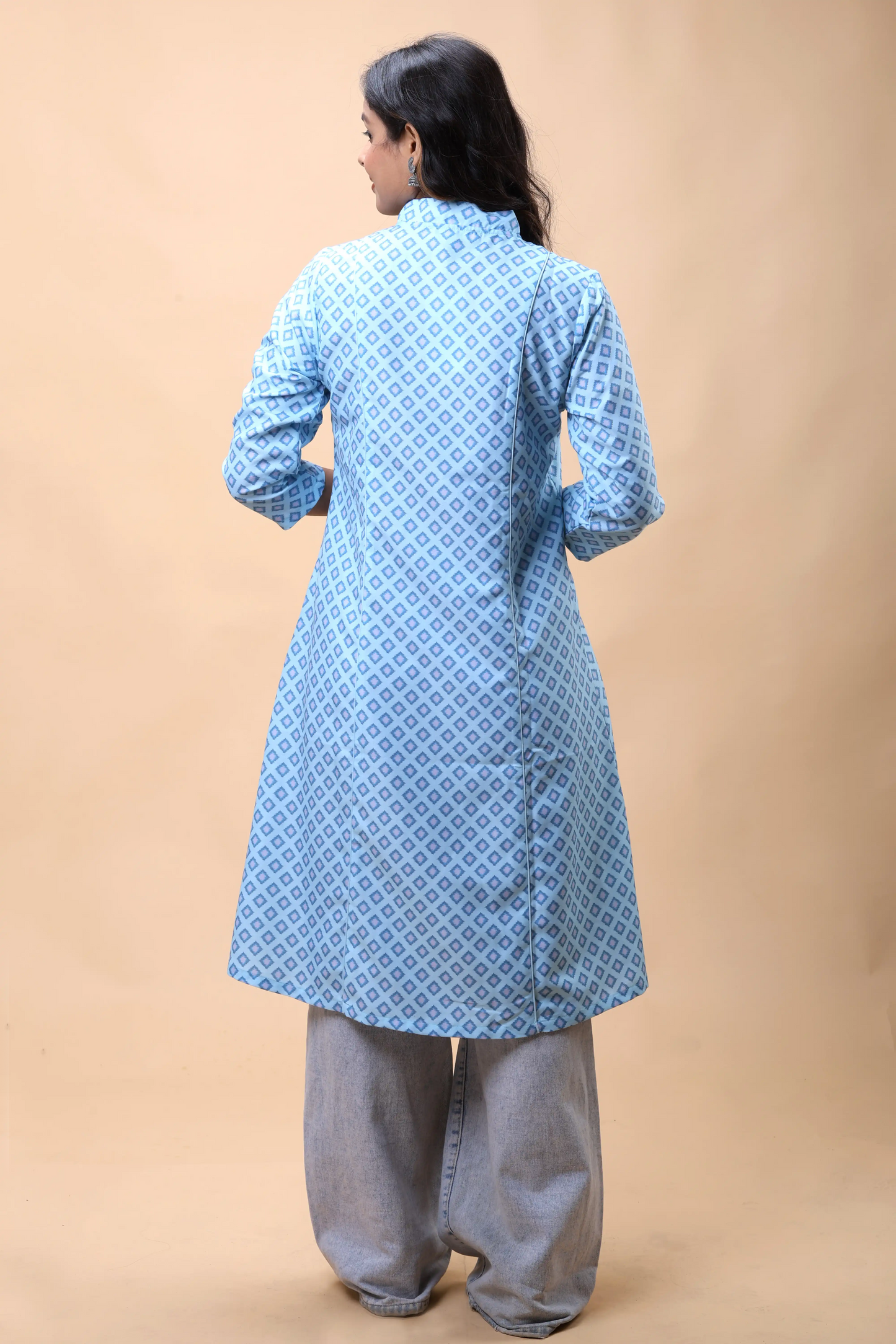 Shop All There Aqua Blue A Line Printed Long Kurta For Women-4