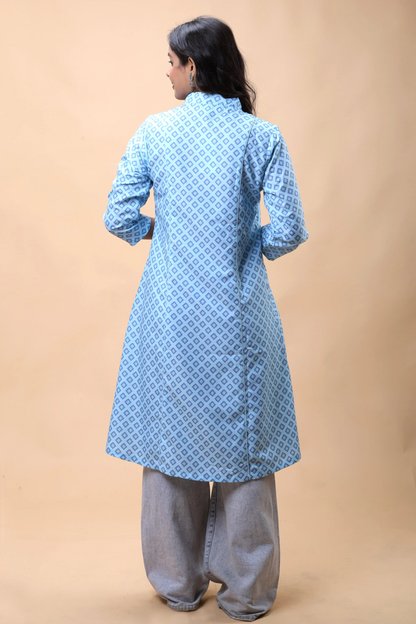 Shop All There Aqua Blue A Line Printed Long Kurta For Women-4