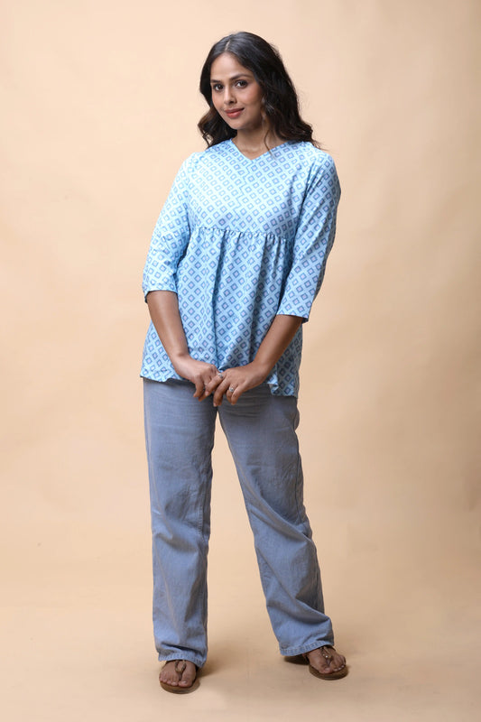 Shop Aqua Blue Ikkat Print Peplum Short Kurti For Women online at allthere.in