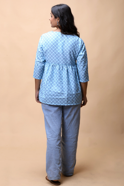 Shop Aqua Blue Ikkat Print Peplum Short Kurti For Women online at allthere.in