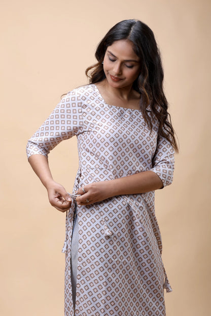 Shop Light Brown Printed Long Kurta With Drawstrings For Women online at allthere.in