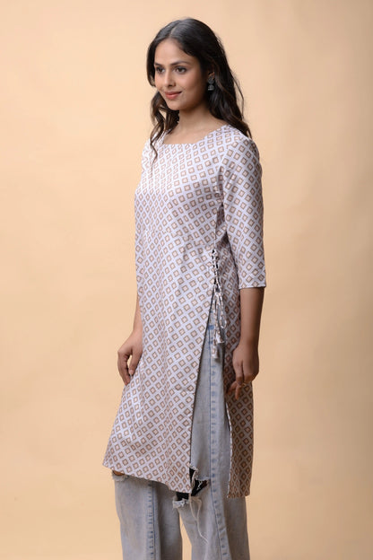 Shop Light Brown Printed Long Kurta With Drawstrings For Women online at allthere.in