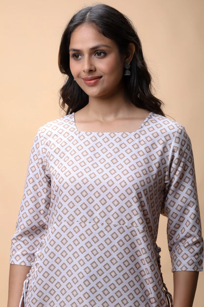 Shop Light Brown Printed Long Kurta With Drawstrings For Women online at allthere.in