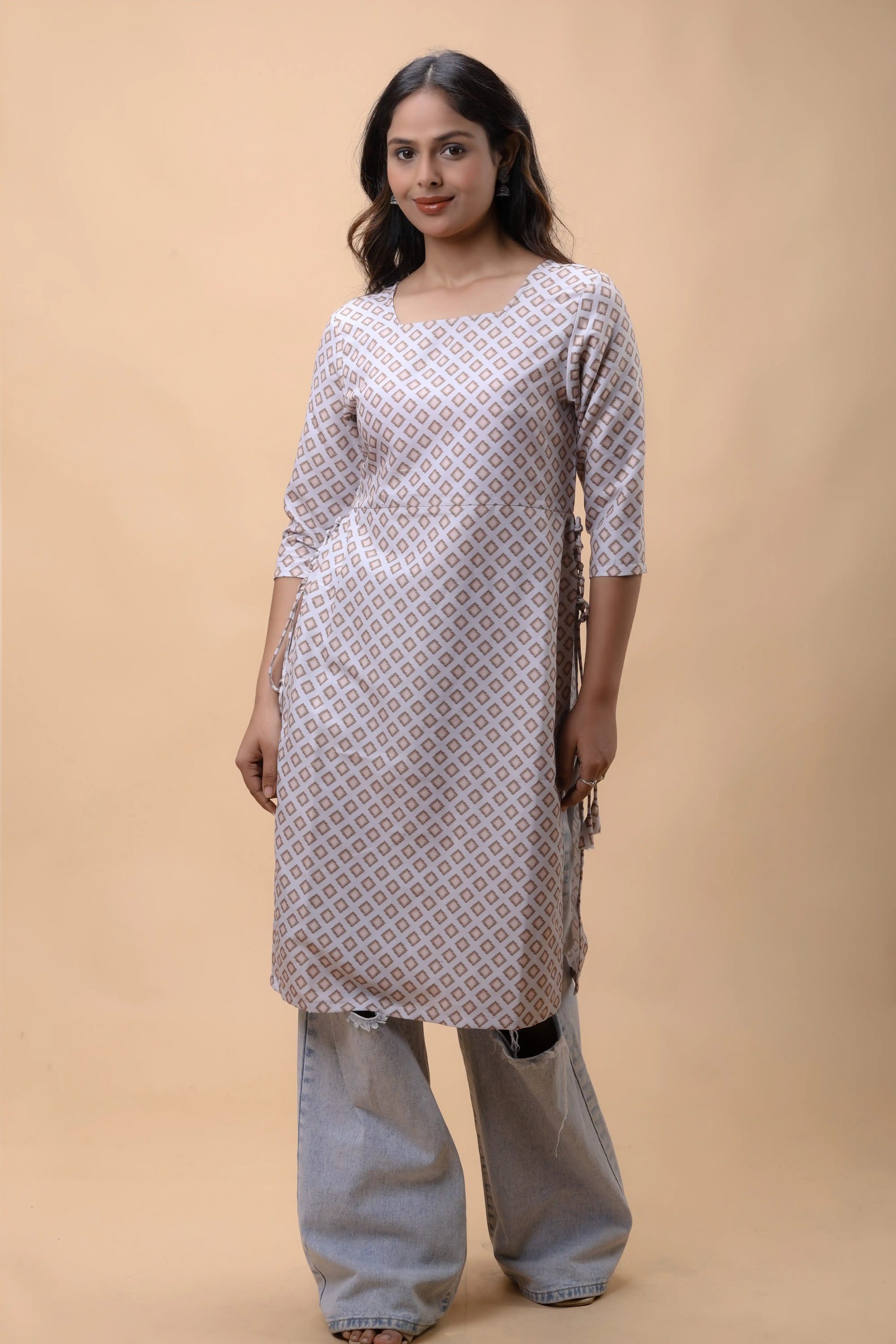 Shop Light Brown Printed Long Kurta With Drawstrings For Women online at allthere.in