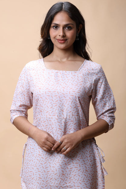 Shop Peach Printed Long Kurta With Drawstrings For Women online at allthere.in