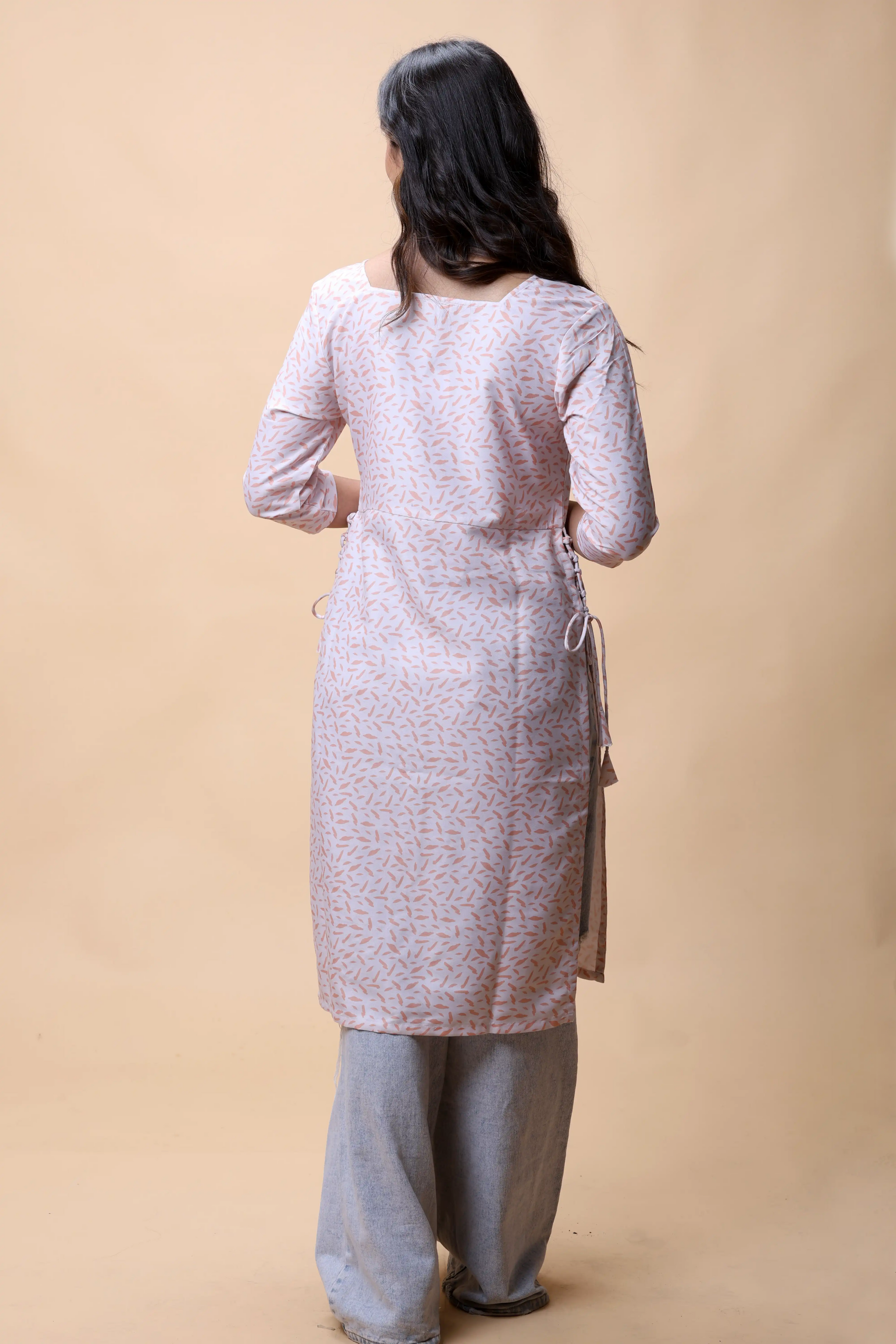 Shop Peach Printed Long Kurta With Drawstrings For Women online at allthere.in