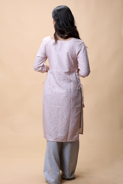 Shop Peach Printed Long Kurta With Drawstrings For Women online at allthere.in