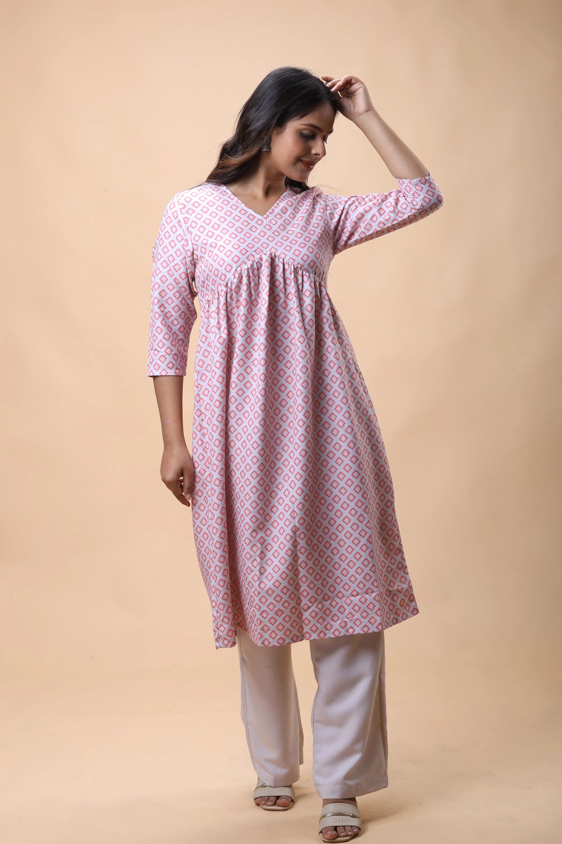 Shop Pink Empire Line Printed Women Long kurta With Pants online at allthere.in