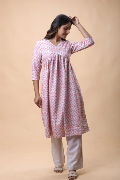 Shop Pink Empire Line Printed Women Long kurta With Pants online at allthere.in