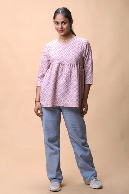 Shop Pink Ikkat Print Peplum Short Kurti For Women online at allthere.in