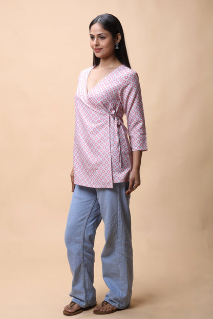 shop Pink Wrap Around Printed Short Kurti For Women online at allthere.in
