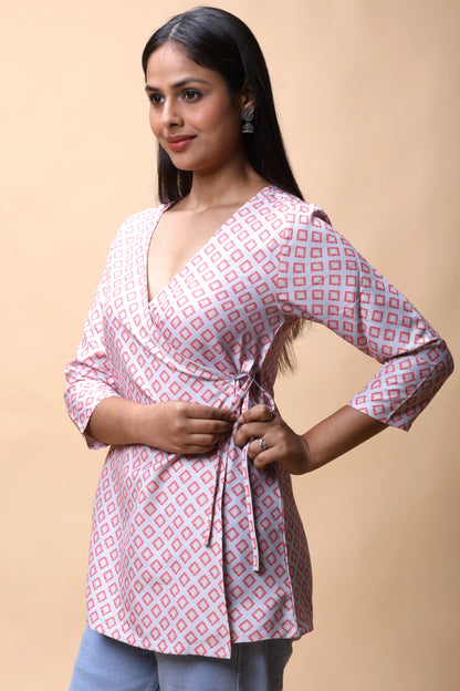shop Pink Wrap Around Printed Short Kurti For Women online at allthere.in