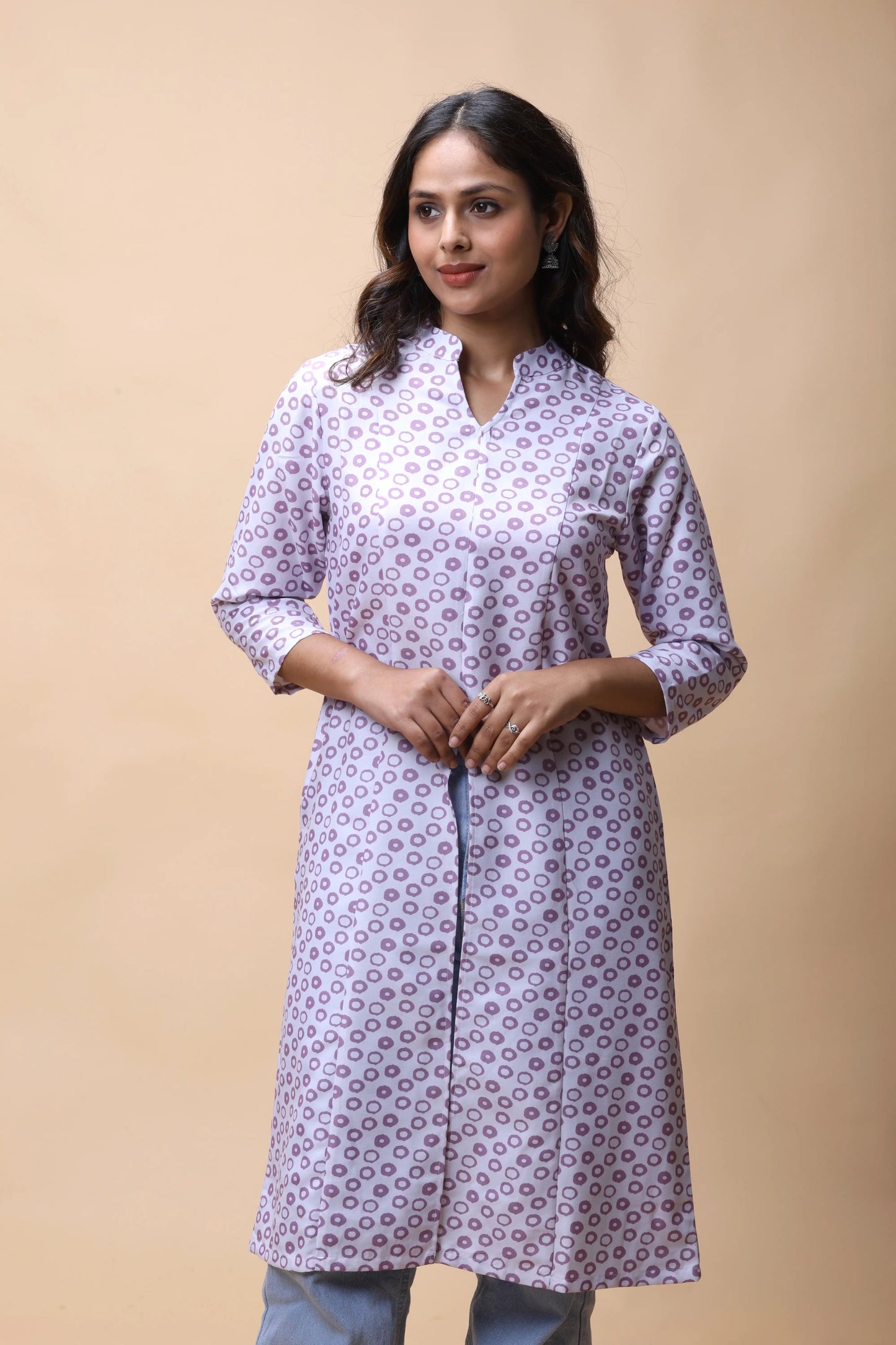 shop Purple Printed Front Slit Long Kurta For Women online at allthere.in