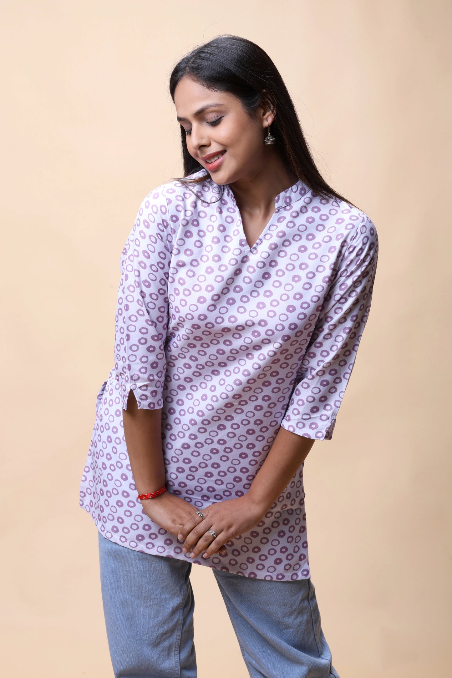 Shop All There Purple Printed Short Kurti With Stand Collar For Women at allthere.in