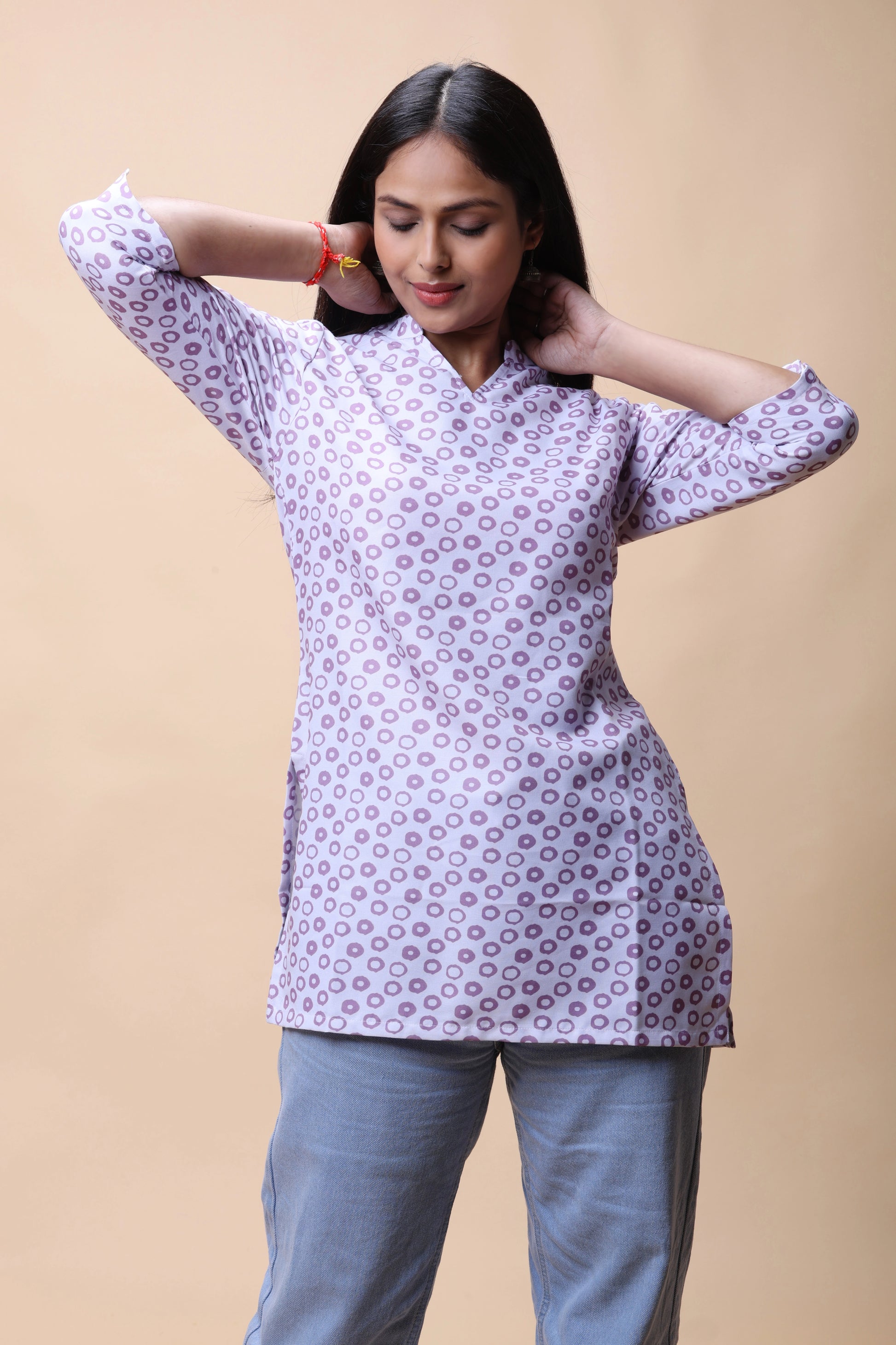 Shop All There Purple Printed Short Kurti With Stand Collar For Women at allthere.in