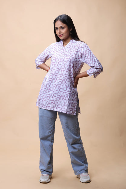 Shop All There Purple Printed Short Kurti With Stand Collar For Women at allthere.in