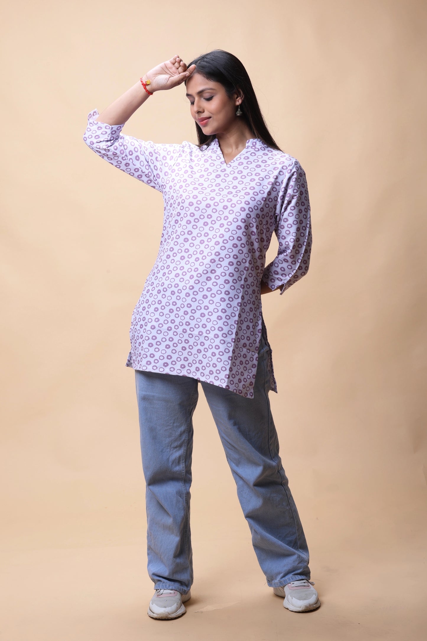 Shop All There Purple Printed Short Kurti With Stand Collar For Women at allthere.in