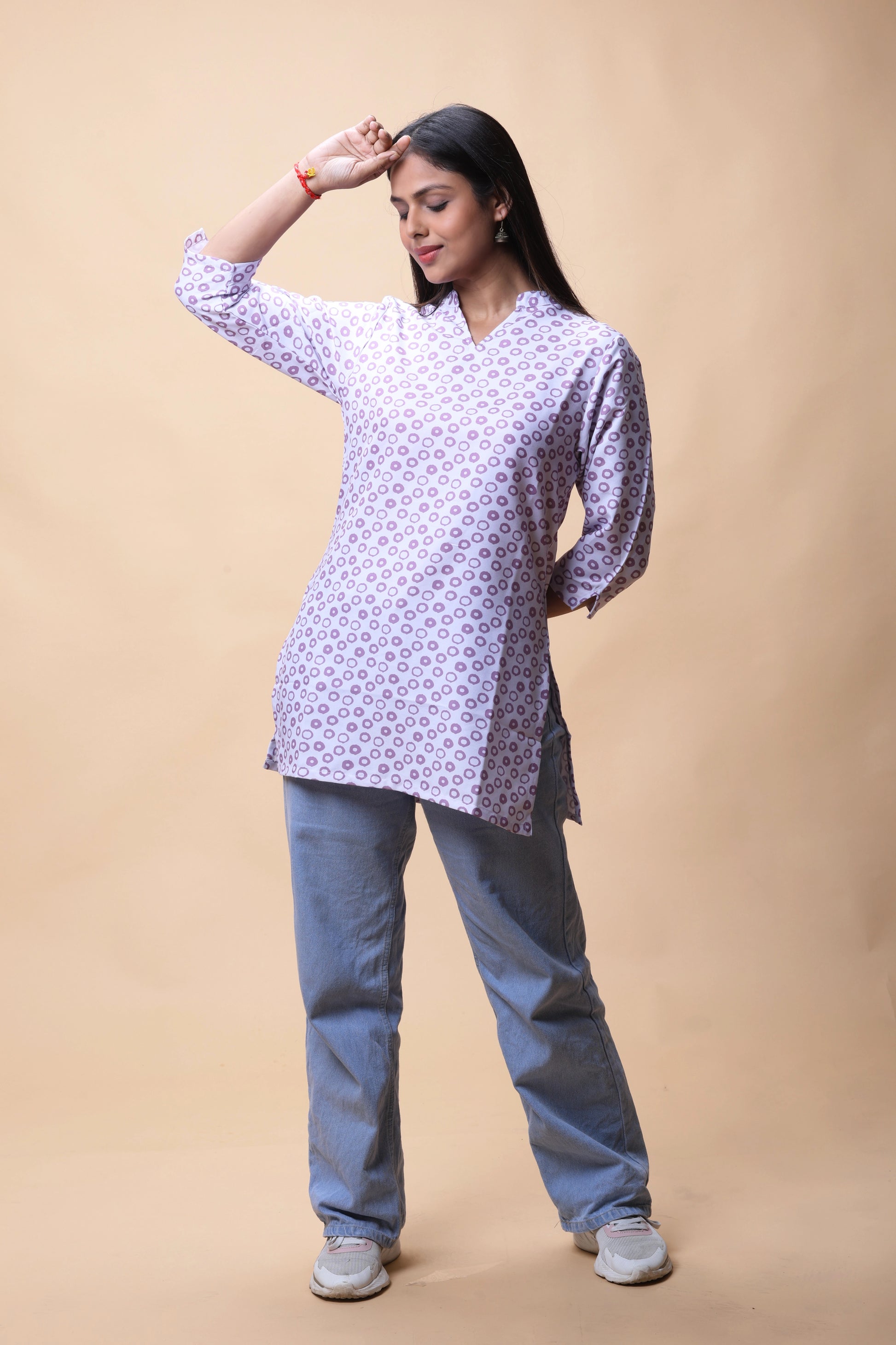 Shop All There Purple Printed Short Kurti With Stand Collar For Women at allthere.in