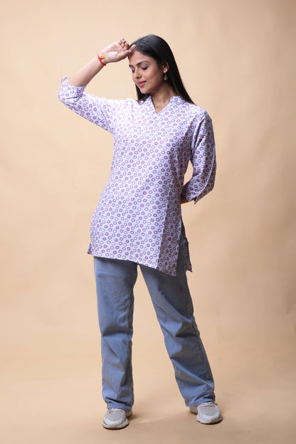 Shop All There Purple Printed Short Kurti With Stand Collar For Women at allthere.in