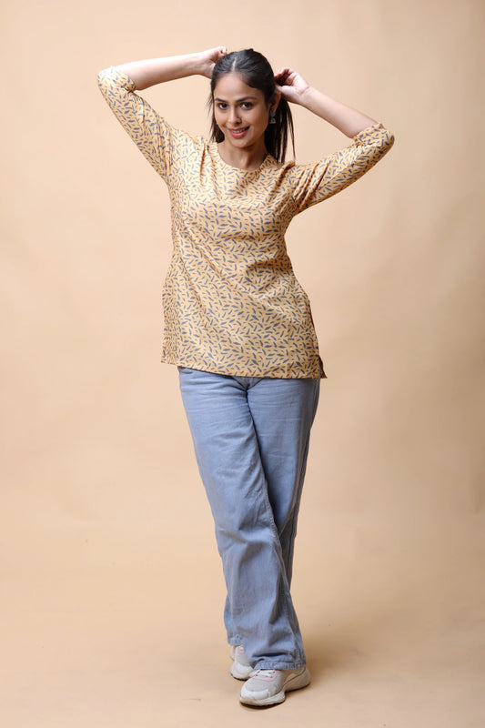 Buy Yellow Printed Basic Scoop Neck Short Kurti For Women online at allthere.in